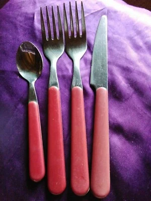 4x Viners rare MAROON DARK RED handled Cutlery Spares  Teaspoon, Forks, Knife  - Image 1 of 4