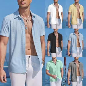 Herren Strand Bluse Hohl Kurzarm Hemd Freizeit Hemden Knopf T-Shirt Sommer Tops - Bild 1 von 27