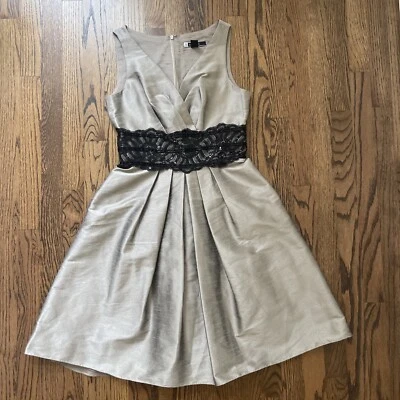 JS Boutique 4 Grey Black Lace Waist Detail Raw Silk Type Fabric Cocktail Dress - Image 1 of 4