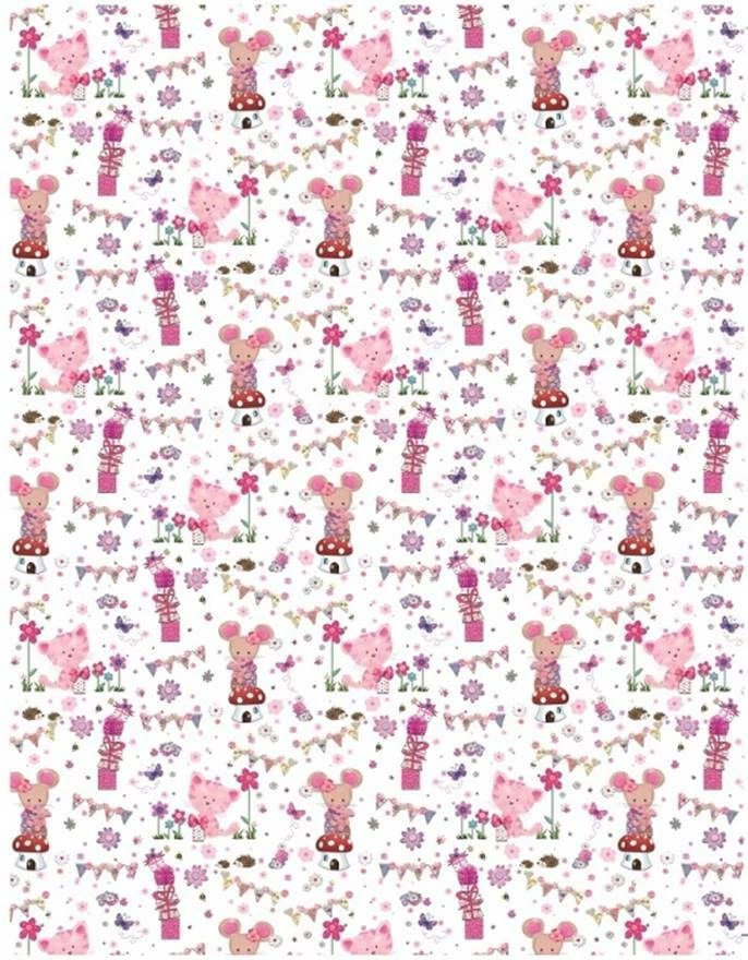 Pink Kitten, Mouse, Gift & Flowers Wrapping Paper - 1 Sheet & Matching Gift Tag - Image 1 of 1