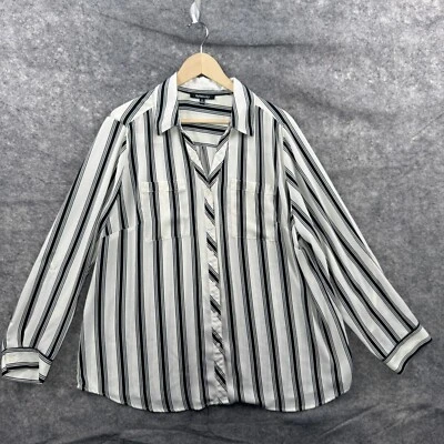 Relativity Shirt Womens Plus 2X Black White Striped Button Flowy Roll Tab Blouse - Image 1 of 4