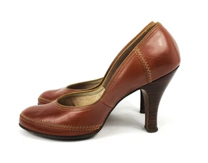 Vintage 40s 50s Brown Leather Heels Stitching Design Rockabilly Pumps Shoes Sz 7 - Picture 1 of 15