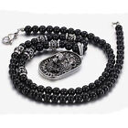 Men's Vintage Stainless Steel Lion Head Shield Pendant Onyx Beads Chain Necklace