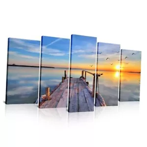 5 Pieces Modern Large Canvas Wall Art Wall Art Birds Flying Over Sunset Lake - Picture 1 of 7