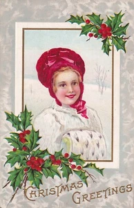 Vintage Christmas Greetings Postcard 1900's Young Girl Snowy Scene Red Berries - Picture 1 of 2