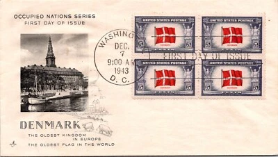 UNITED STATES 1943 WWII CACHET FDC COVER BLOCK STAMPS OCCUPIED NATIONS DENMARK - Image 1 of 2