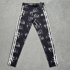 Adidas Pants Girls Large 14 Black Leggings All Over Print Logo Stripe Activewear - Picture 1 of 10