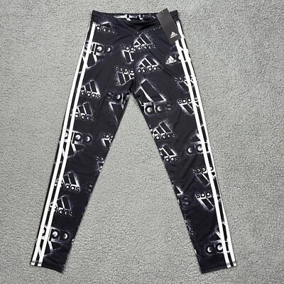 Adidas Pants Girls Large 14 Black Leggings All Over Print Logo Stripe Activewear - Image 1 of 4