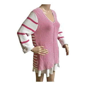 Tommy Bahama Womens Striped Tunic Sweater M Pink White Textured Cotton Vacation - Picture 1 of 19