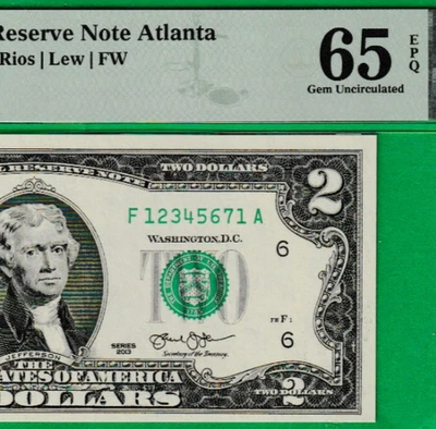 $2  TWO DOLLAR Federal Reserve note LADDER Serial Numbers 1-2-3-4-5-6-7-1 PMG 66 - Image 1 of 3
