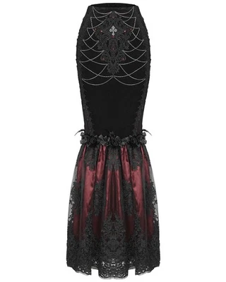 Eva Lady Dark Devore Baroque Gothic Velvet Chained Mermaid Skirt - Black & Red - Image 1 of 4