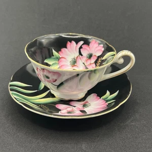 Llamativo Juego de Taza de Té y Platillo Chugai China Negro y Orquídea Hecho en Japón Ocupado - Imagen 1 de 13