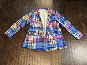 Flamingals Blazer Women’s SZ Med Plaid Dual Pocket Shawl Collar Multicolor - Picture 1 of 10