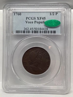 1760 Hibernia Halfpenny Voce Populi No P Long Nose PCGS XF-45 CAC - Image 1 of 4