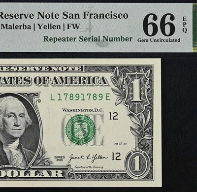 2021 $1 Federal Reserve Note PMG 66EPQ Fancy Repeater Serial Number 17891789 - Image 1 of 3