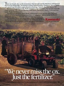 1987 Kawasaki Bayou Quad Monks in a Wine Vinyard anuncio impreso en cuatro ruedas - Imagen 1 de 1