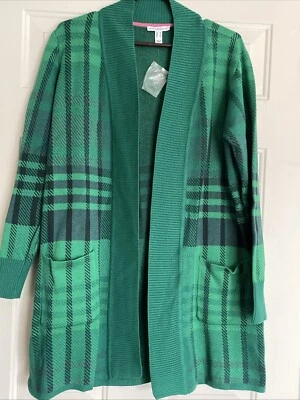 Acogedor cárdigan suéter mediano Isaac Mizrahi jacquard azul marino y verde Foto 1 de 4