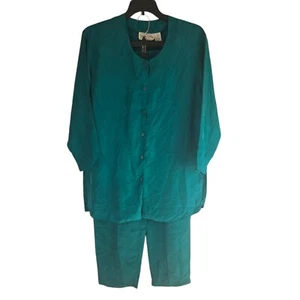 Vintage Diane Von Furstenburg Womens S/M Teal Silk Button Front Pajama Sleep Set - Picture 1 of 10