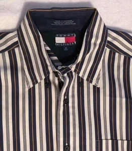 Tommy Hilfiger 90s Long Sleeve Button Up BLUE MUSTARD STRIPE shirt VNTGE Mens M - Picture 1 of 5