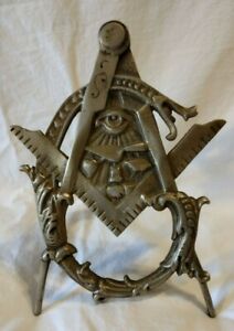 Antique Vintage Metal Masonic Symbol Plaque Emblem Stand Compass Square Eye