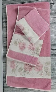 Vintage Martex Towel Set 1 Bath 1 Hand 1 Washcloth Pink Rose Cotton USA - Picture 1 of 11