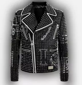 Chaqueta de cuero Philipp Plein negra completa con parches bordados con tachuelas para hombre - Imagen 1 de 5