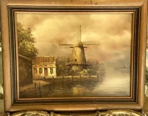ORIGINAL OIL PAINTING SIGNED L.COSTELLO COTTAGE & WINDMILL SCENE WOODEN FRAME - Picture 1 of 11