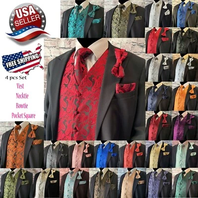 Paisley Dress Vest Necktie Bow tie Hankie for Suit or Tuxedo Prom Wedding 4pcs - Image 1 of 3