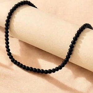 Natural Black Obsidian Smooth Round Gemstone Beaded Choker Women Necklaces 18'' - Picture 1 of 13