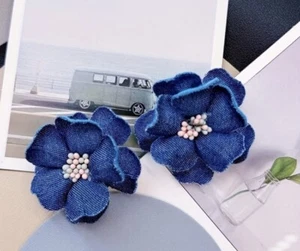 Rose Blue Flower Stud Denim  Fashionable Statement Earrings Women’s Accessory - Picture 1 of 4
