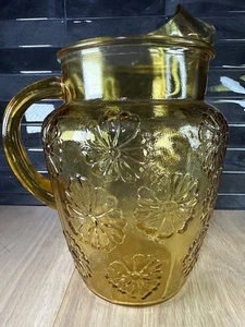 Vintage Anchor Hocking Amber Yellow Glass Spring Song Daisy Pitcher 9" - Picture 1 of 6