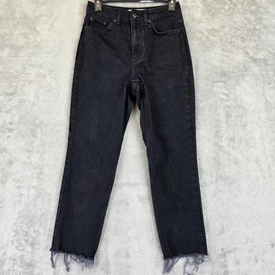 Jeans Topshop para mujer talla 26 negros rectos tiro alto dobladillo crudo elástico denim Foto 1 de 4