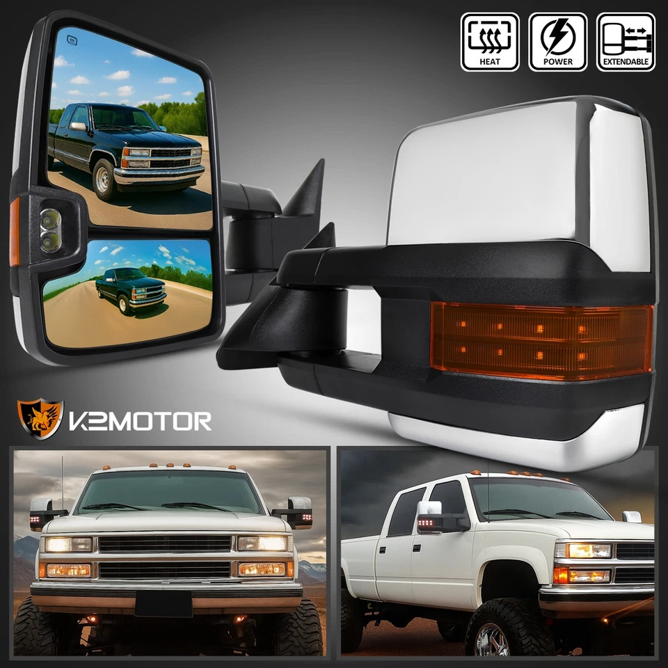 Fits 1988-1998 Chevy C/K 1500 Chrome Power Heated Tow Mirrors+Amber LED Signal - Image 1 of 4