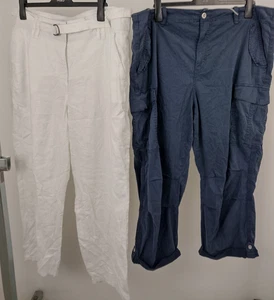 M&S 2Pcs Bundle Size 22 Long White Linen Trousers Navy Cargo Trousers NEW F2 - Picture 1 of 10