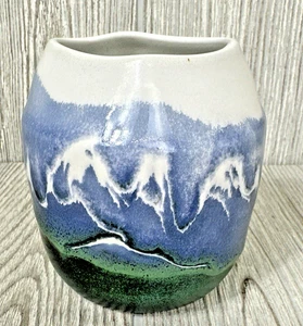 Art Pottery Hand Thrown Vase Signed TB Schultz Blue Green Swirls 4" Tall - Picture 1 of 10