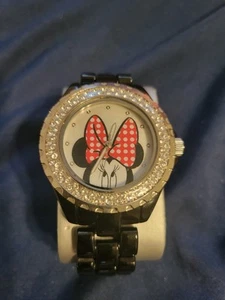 Disney Minnie Mouse Watch 41mm Women Black Silver Tone Bling - Picture 1 of 2