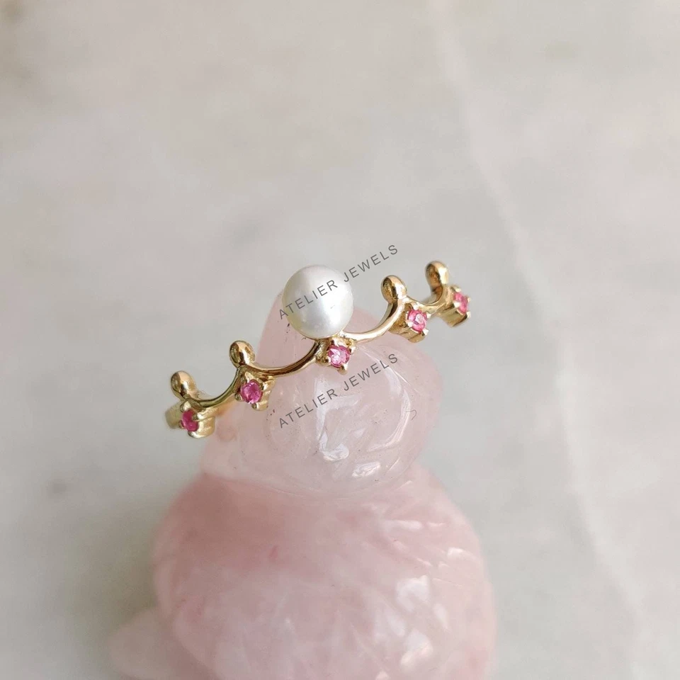 0.43 Ct Natural Pearl Ruby Band Ring 14K Gold Minimalist Birthstone Jewelry Gift - Image 1 of 4