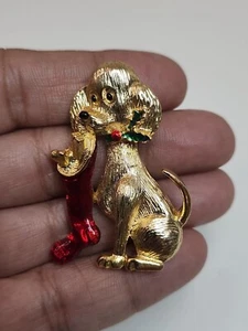 Vintage Christmas Brooch Pin Holiday Dog Red Stocking Gold Tone Gerry’s - Picture 1 of 8