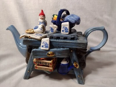 VNTG PAUL CARDEW BLUE TEAPOT Willow Gnome GARDENER'S Bench LARGE 12" Gardening - Image 1 of 4