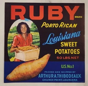 Label Ruby Yams Sweet Potatoes Arthur Thibodeaux Church Point Louisiana - Picture 1 of 1