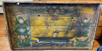 Antique Wood Chest Lid Painted Folk Art Ship w/Flag Colorful Flowers X-Large 19C - Image 1 of 4