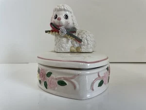 Vintage Lamb Trinket Box Heart Shaped 4.5" Tall Roses - Picture 1 of 11