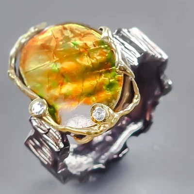 Handmade 12 ct+ Natural Ammolite Ring 925 Sterling Silver Size 8.5 /R441017 - Image 1 of 4