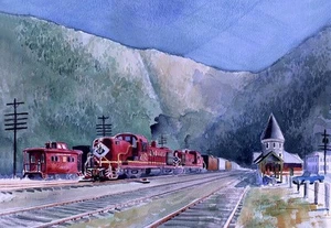 Lehigh Valley RR ALCOs, Caboose, Jim Thorpe, PA. James Mann Train Art Notecards - Picture 1 of 2