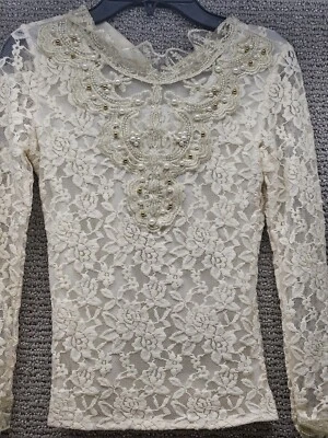 Camisa Top Dama Encaje Transparente Para Mujer XS Cuello Alto Blusa Floral Hueca Fiesta Foto 1 de 4