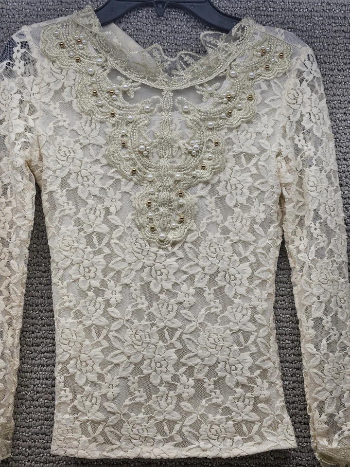 Camisa Top Dama Encaje Transparente Para Mujer XS Cuello Alto Blusa Floral Hueca Fiesta Foto 1 de 4