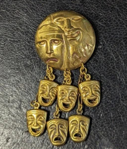Large Brass Lapel Brooch Pin Comedy & Tragedy Masks Charms 1950's Approximately - Picture 1 of 6