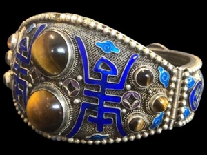 Antique Chinese China Export Sterling Signed Silver Eye Tiger Enamel Bracelet - Picture 1 of 14