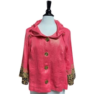 Berek Women’s Coral & Gold Shimmer Linen Leopard Jeweled Jacket Size Medium - Picture 1 of 6