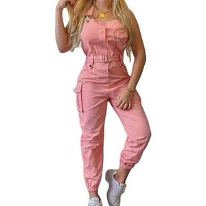 Women's Relaxed Fit Strappy Sleeveless Jumpsuit Bib Overalls Dungarees with Belt - Picture 1 of 36